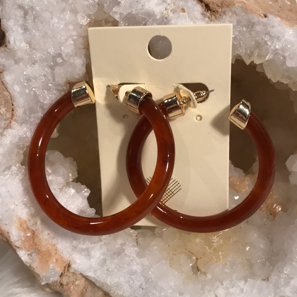 RESIN TORTOISE BROWN GOLD RETRO HOOP EARRINGS